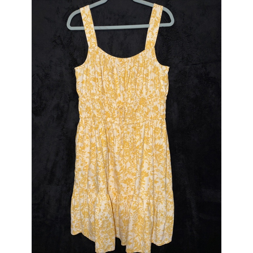 A.N.A Ruched Tiered Yellow Prairie Peasant Babydoll Linen Blend Dress Size L